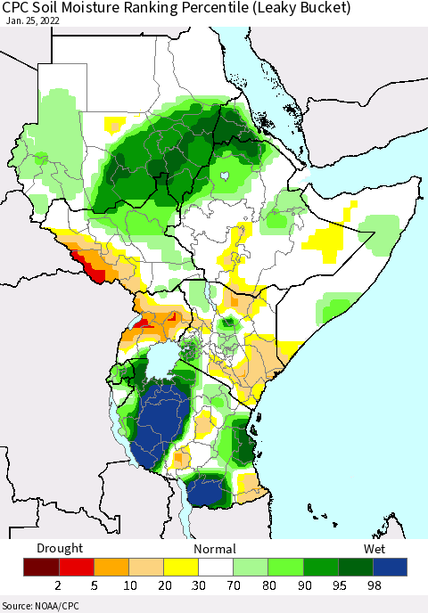Eastern Africa CPC Soil Moisture Ranking Percentile (Leaky Bucket) Thematic Map For 1/21/2022 - 1/25/2022