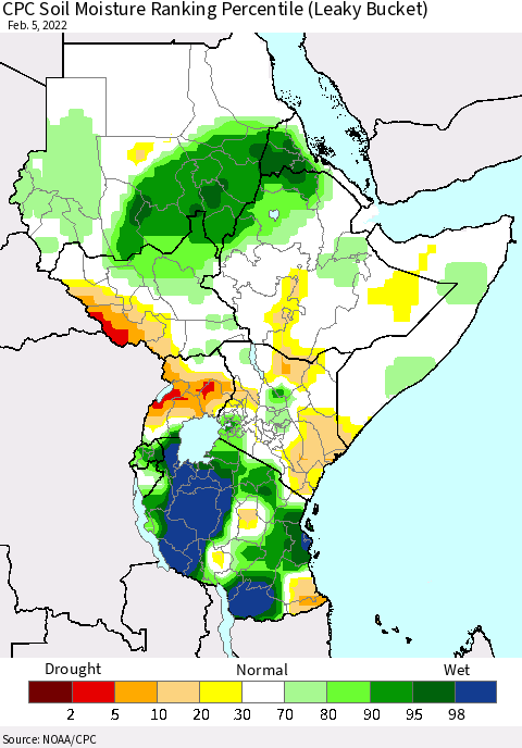 Eastern Africa CPC Soil Moisture Ranking Percentile (Leaky Bucket) Thematic Map For 2/1/2022 - 2/5/2022
