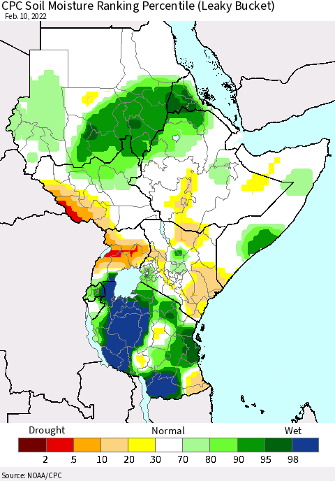 Eastern Africa CPC Soil Moisture Ranking Percentile (Leaky Bucket) Thematic Map For 2/6/2022 - 2/10/2022