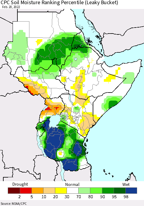Eastern Africa CPC Soil Moisture Ranking Percentile (Leaky Bucket) Thematic Map For 2/16/2022 - 2/20/2022