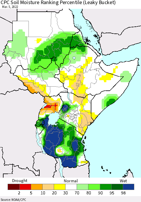 Eastern Africa CPC Soil Moisture Ranking Percentile (Leaky Bucket) Thematic Map For 3/1/2022 - 3/5/2022