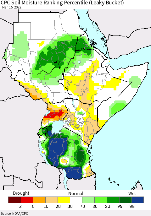 Eastern Africa CPC Soil Moisture Ranking Percentile (Leaky Bucket) Thematic Map For 3/11/2022 - 3/15/2022