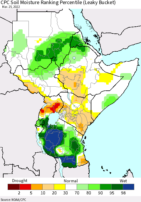 Eastern Africa CPC Calculated Soil Moisture Ranking Percentile Thematic Map For 3/21/2022 - 3/25/2022