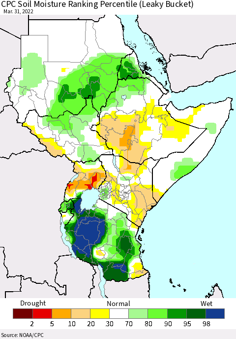 Eastern Africa CPC Soil Moisture Ranking Percentile (Leaky Bucket) Thematic Map For 3/26/2022 - 3/31/2022