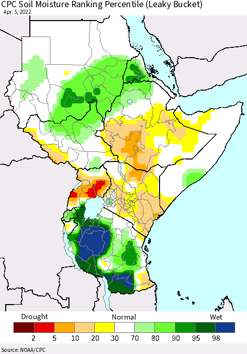 Eastern Africa CPC Calculated Soil Moisture Ranking Percentile Thematic Map For 4/1/2022 - 4/5/2022