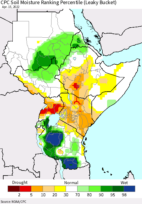 Eastern Africa CPC Calculated Soil Moisture Ranking Percentile Thematic Map For 4/11/2022 - 4/15/2022