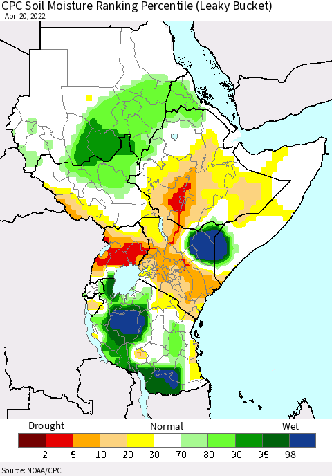 Eastern Africa CPC Soil Moisture Ranking Percentile (Leaky Bucket) Thematic Map For 4/16/2022 - 4/20/2022