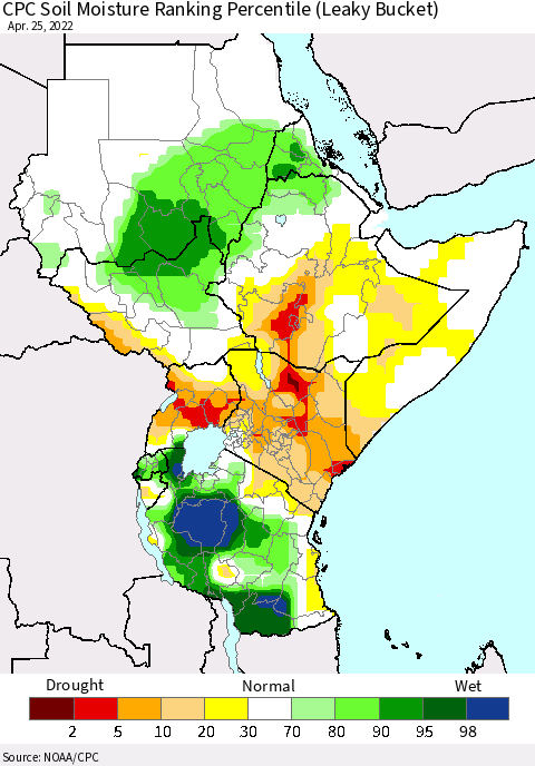 Eastern Africa CPC Calculated Soil Moisture Ranking Percentile Thematic Map For 4/21/2022 - 4/25/2022