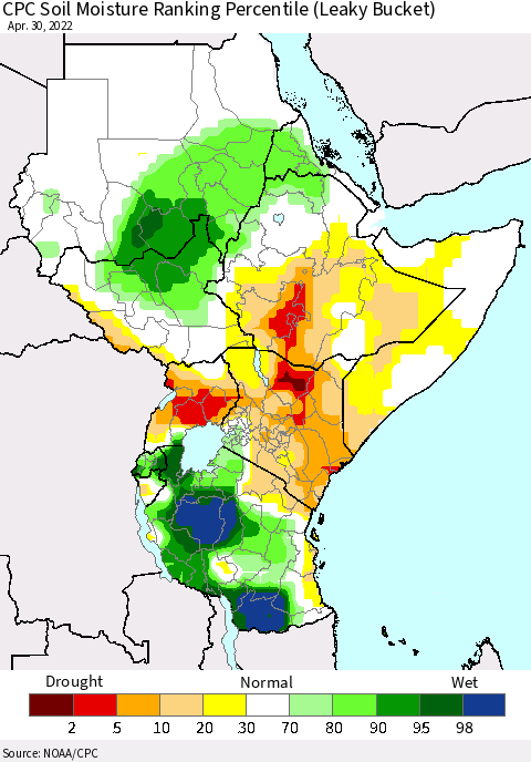 Eastern Africa CPC Soil Moisture Ranking Percentile (Leaky Bucket) Thematic Map For 4/26/2022 - 4/30/2022