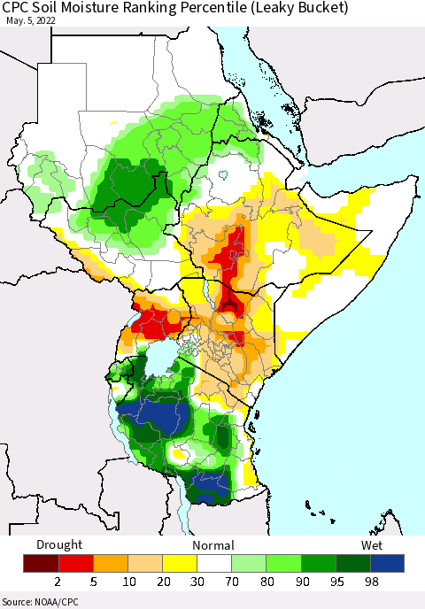 Eastern Africa CPC Calculated Soil Moisture Ranking Percentile Thematic Map For 5/1/2022 - 5/5/2022