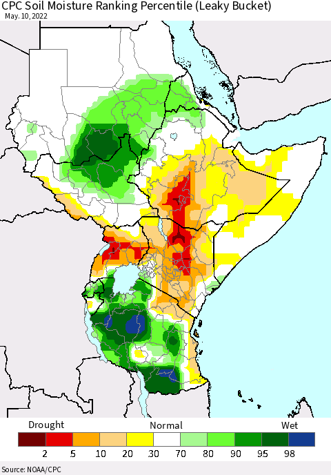 Eastern Africa CPC Soil Moisture Ranking Percentile (Leaky Bucket) Thematic Map For 5/6/2022 - 5/10/2022