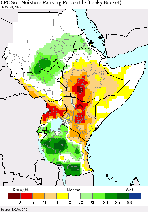 Eastern Africa CPC Calculated Soil Moisture Ranking Percentile Thematic Map For 5/16/2022 - 5/20/2022