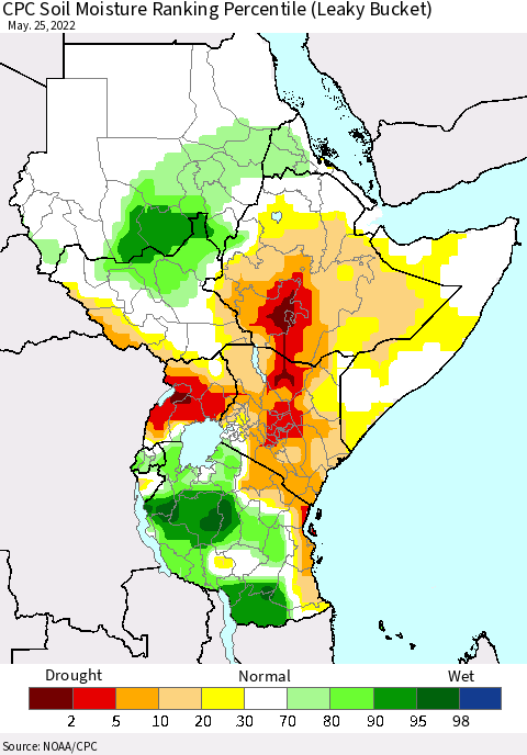 Eastern Africa CPC Calculated Soil Moisture Ranking Percentile Thematic Map For 5/21/2022 - 5/25/2022