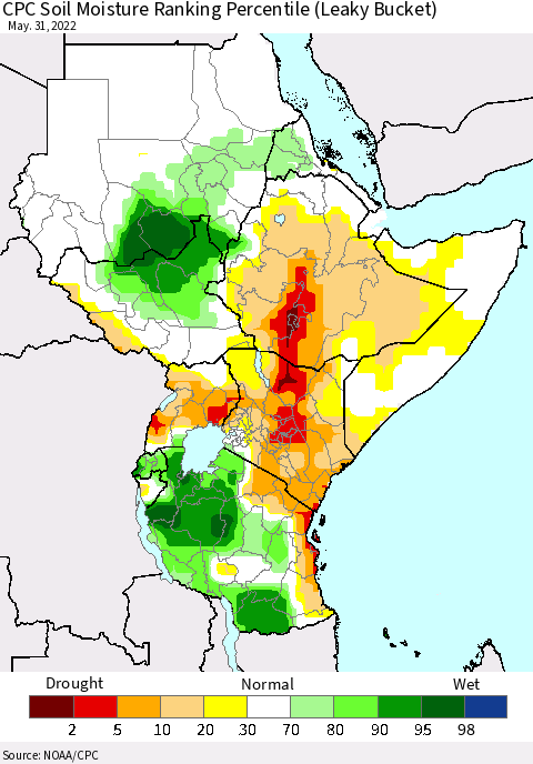 Eastern Africa CPC Calculated Soil Moisture Ranking Percentile Thematic Map For 5/26/2022 - 5/31/2022