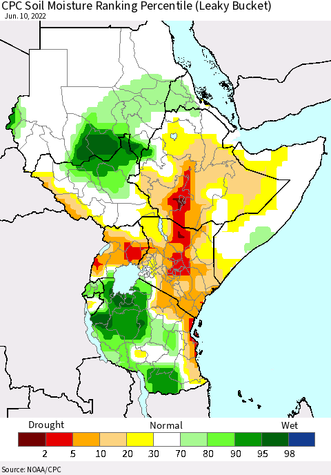 Eastern Africa CPC Calculated Soil Moisture Ranking Percentile Thematic Map For 6/6/2022 - 6/10/2022