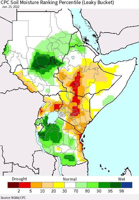 Eastern Africa CPC Calculated Soil Moisture Ranking Percentile Thematic Map For 6/21/2022 - 6/25/2022