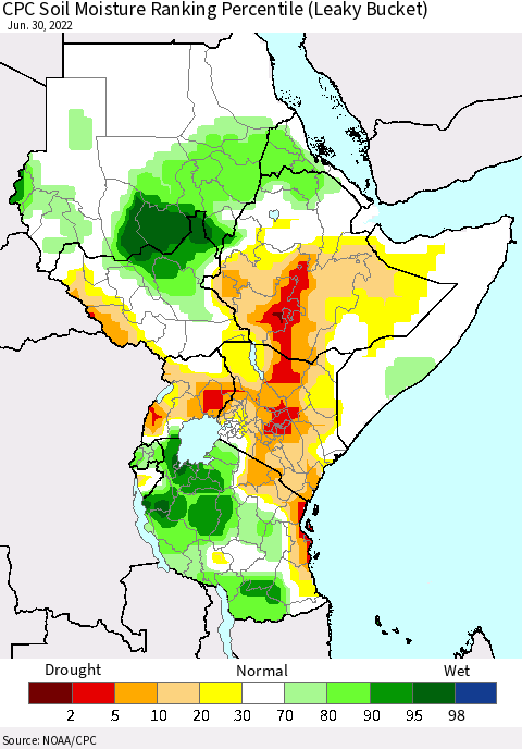 Eastern Africa CPC Calculated Soil Moisture Ranking Percentile Thematic Map For 6/26/2022 - 6/30/2022