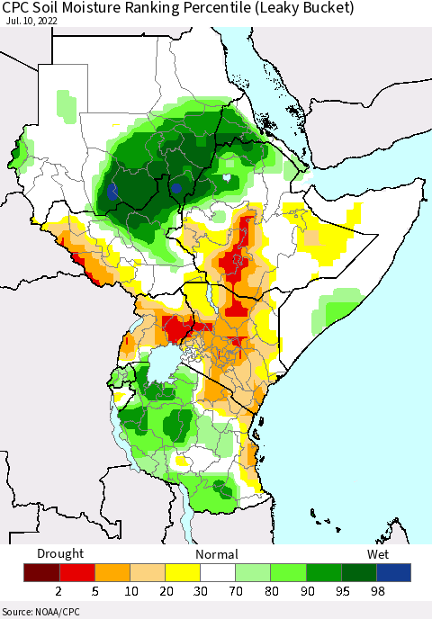 Eastern Africa CPC Calculated Soil Moisture Ranking Percentile Thematic Map For 7/6/2022 - 7/10/2022