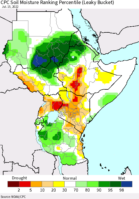 Eastern Africa CPC Calculated Soil Moisture Ranking Percentile Thematic Map For 7/11/2022 - 7/15/2022