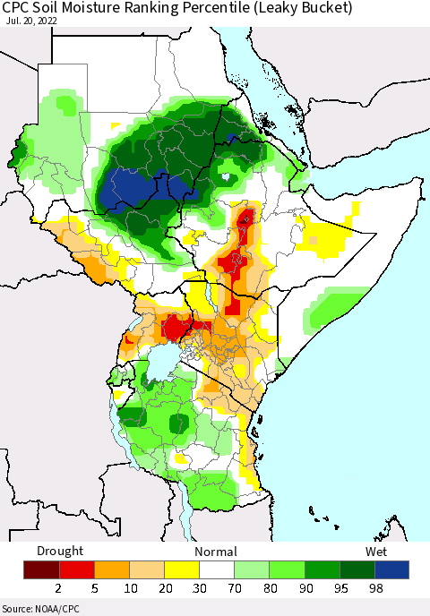 Eastern Africa CPC Soil Moisture Ranking Percentile (Leaky Bucket) Thematic Map For 7/16/2022 - 7/20/2022