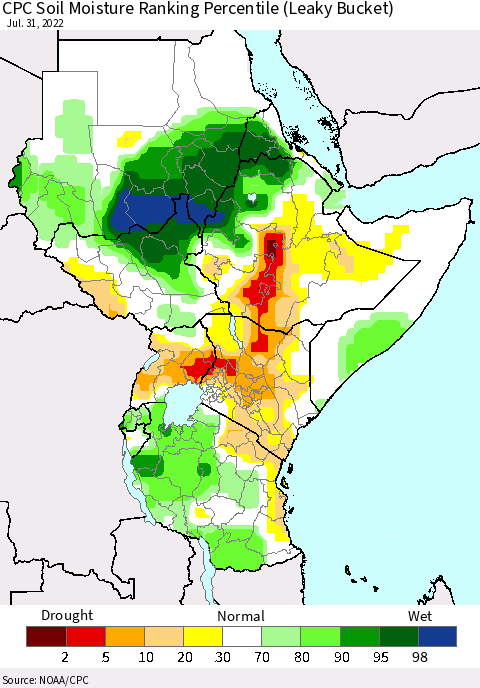 Eastern Africa CPC Soil Moisture Ranking Percentile (Leaky Bucket) Thematic Map For 7/26/2022 - 7/31/2022