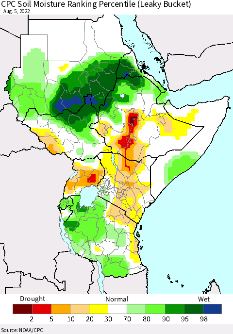Eastern Africa CPC Calculated Soil Moisture Ranking Percentile Thematic Map For 8/1/2022 - 8/5/2022