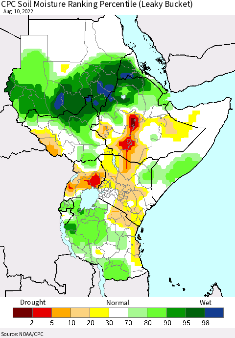 Eastern Africa CPC Soil Moisture Ranking Percentile (Leaky Bucket) Thematic Map For 8/6/2022 - 8/10/2022