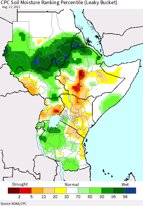 Eastern Africa CPC Soil Moisture Ranking Percentile (Leaky Bucket) Thematic Map For 8/11/2022 - 8/15/2022