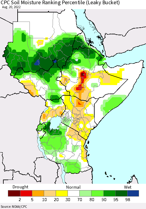 Eastern Africa CPC Soil Moisture Ranking Percentile (Leaky Bucket) Thematic Map For 8/16/2022 - 8/20/2022