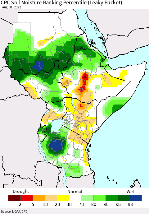 Eastern Africa CPC Soil Moisture Ranking Percentile (Leaky Bucket) Thematic Map For 8/26/2022 - 8/31/2022