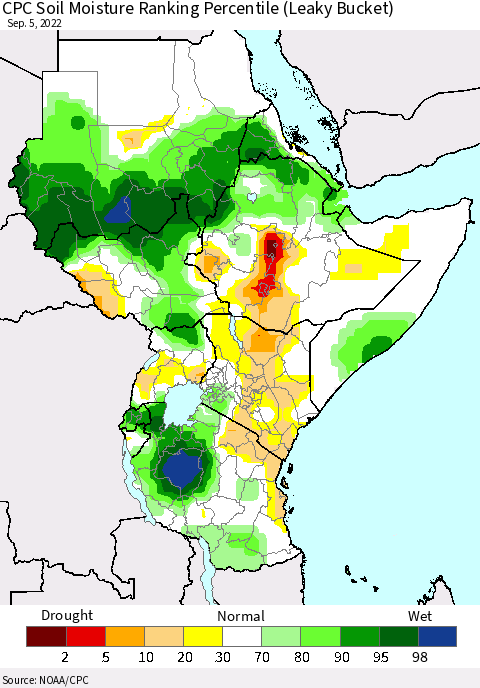 Eastern Africa CPC Soil Moisture Ranking Percentile (Leaky Bucket) Thematic Map For 9/1/2022 - 9/5/2022