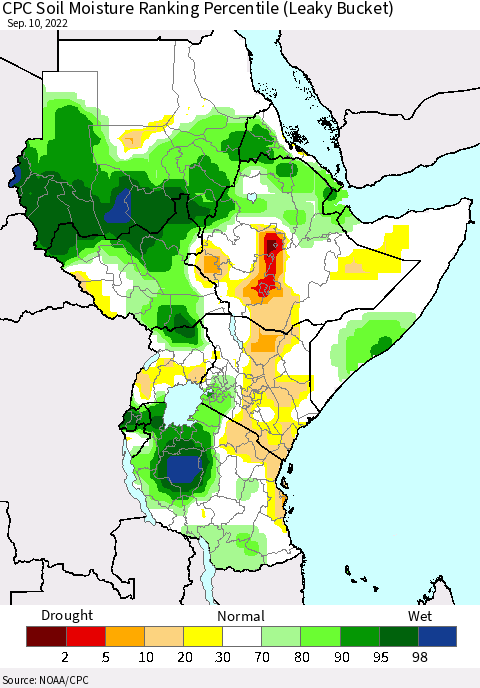 Eastern Africa CPC Soil Moisture Ranking Percentile (Leaky Bucket) Thematic Map For 9/6/2022 - 9/10/2022