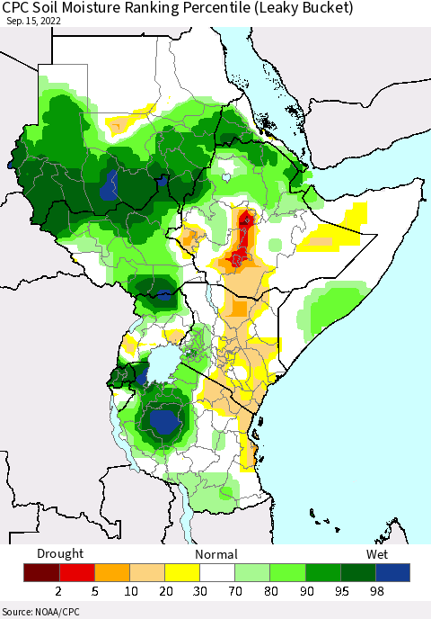 Eastern Africa CPC Soil Moisture Ranking Percentile (Leaky Bucket) Thematic Map For 9/11/2022 - 9/15/2022