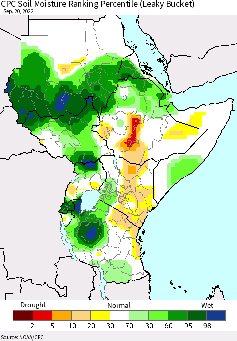 Eastern Africa CPC Soil Moisture Ranking Percentile (Leaky Bucket) Thematic Map For 9/16/2022 - 9/20/2022