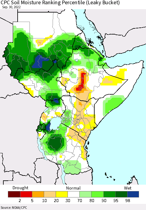 Eastern Africa CPC Soil Moisture Ranking Percentile (Leaky Bucket) Thematic Map For 9/26/2022 - 9/30/2022