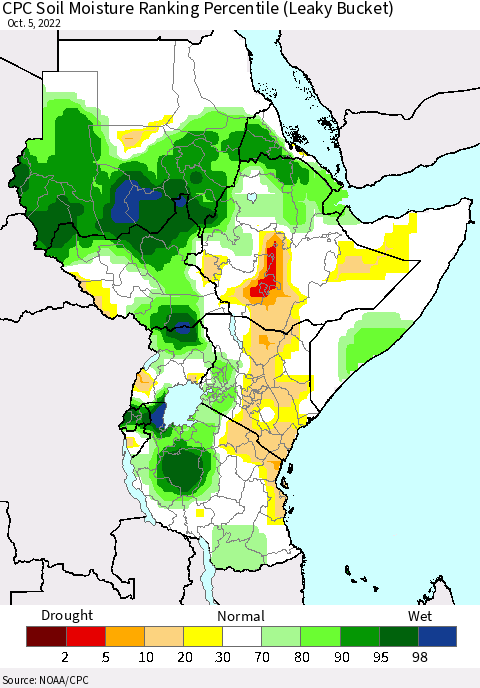 Eastern Africa CPC Soil Moisture Ranking Percentile (Leaky Bucket) Thematic Map For 10/1/2022 - 10/5/2022