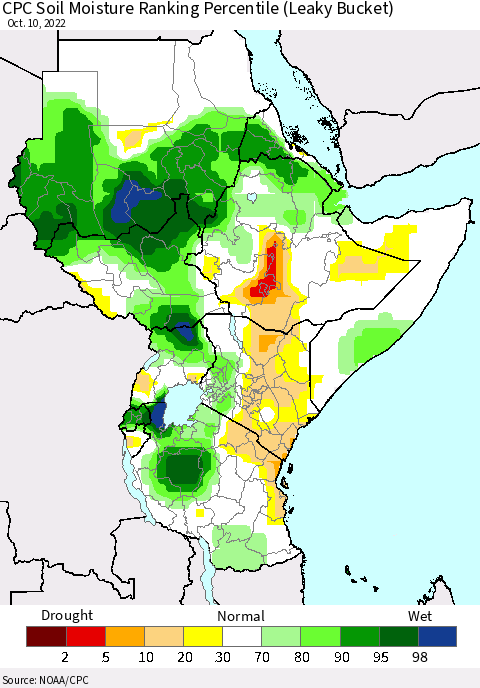 Eastern Africa CPC Soil Moisture Ranking Percentile (Leaky Bucket) Thematic Map For 10/6/2022 - 10/10/2022