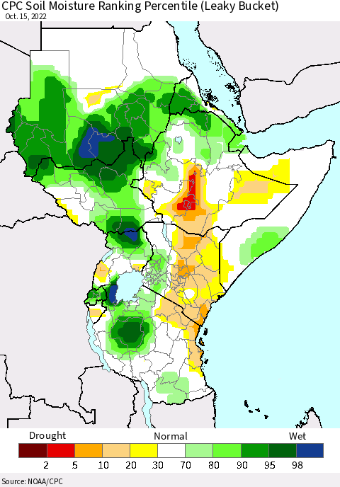Eastern Africa CPC Soil Moisture Ranking Percentile (Leaky Bucket) Thematic Map For 10/11/2022 - 10/15/2022