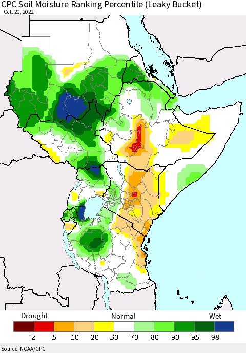 Eastern Africa CPC Soil Moisture Ranking Percentile (Leaky Bucket) Thematic Map For 10/16/2022 - 10/20/2022
