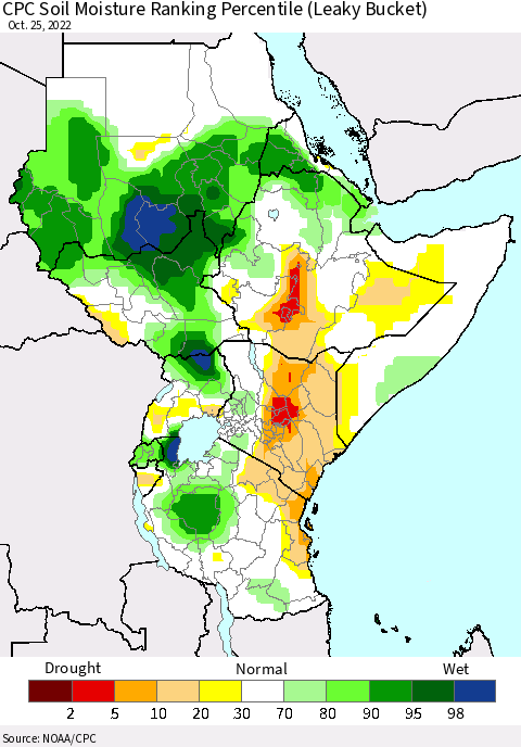 Eastern Africa CPC Soil Moisture Ranking Percentile (Leaky Bucket) Thematic Map For 10/21/2022 - 10/25/2022