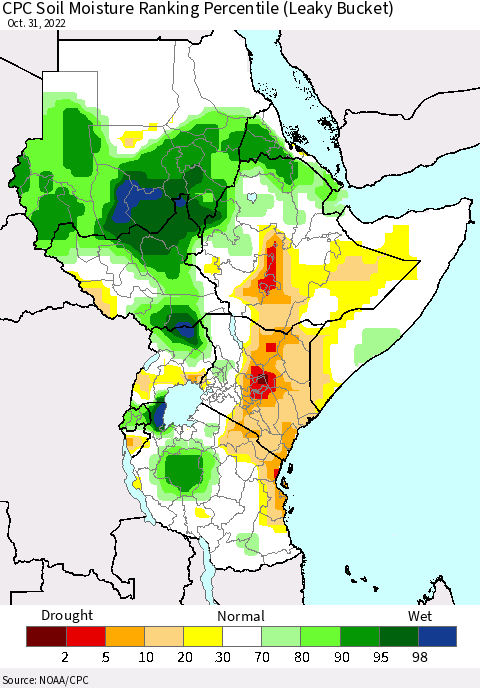 Eastern Africa CPC Soil Moisture Ranking Percentile (Leaky Bucket) Thematic Map For 10/26/2022 - 10/31/2022