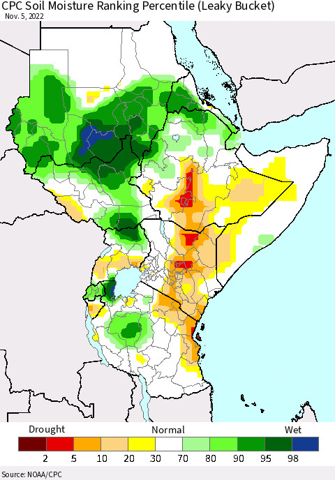 Eastern Africa CPC Soil Moisture Ranking Percentile (Leaky Bucket) Thematic Map For 11/1/2022 - 11/5/2022
