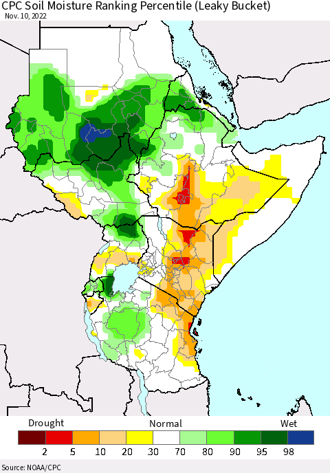 Eastern Africa CPC Soil Moisture Ranking Percentile (Leaky Bucket) Thematic Map For 11/6/2022 - 11/10/2022