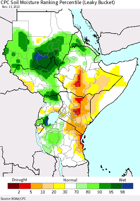 Eastern Africa CPC Soil Moisture Ranking Percentile (Leaky Bucket) Thematic Map For 11/11/2022 - 11/15/2022