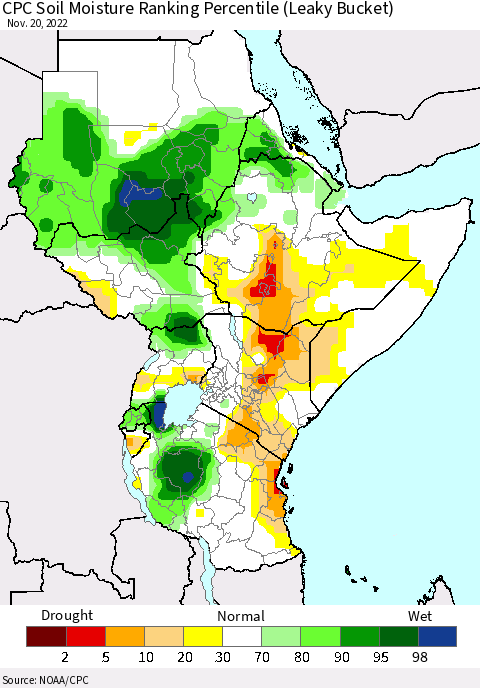 Eastern Africa CPC Soil Moisture Ranking Percentile (Leaky Bucket) Thematic Map For 11/16/2022 - 11/20/2022