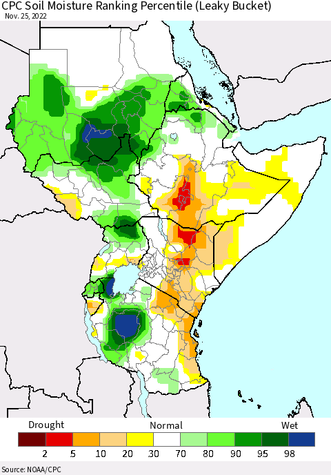 Eastern Africa CPC Soil Moisture Ranking Percentile (Leaky Bucket) Thematic Map For 11/21/2022 - 11/25/2022