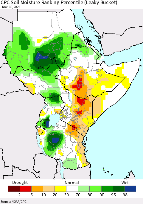 Eastern Africa CPC Soil Moisture Ranking Percentile (Leaky Bucket) Thematic Map For 11/26/2022 - 11/30/2022