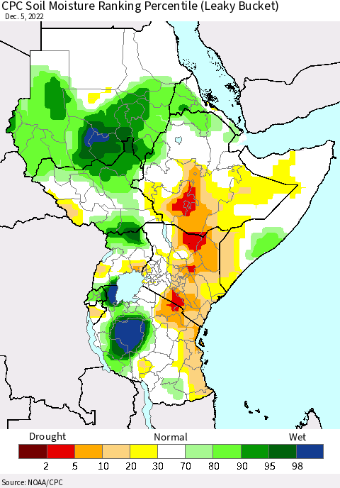 Eastern Africa CPC Soil Moisture Ranking Percentile (Leaky Bucket) Thematic Map For 12/1/2022 - 12/5/2022