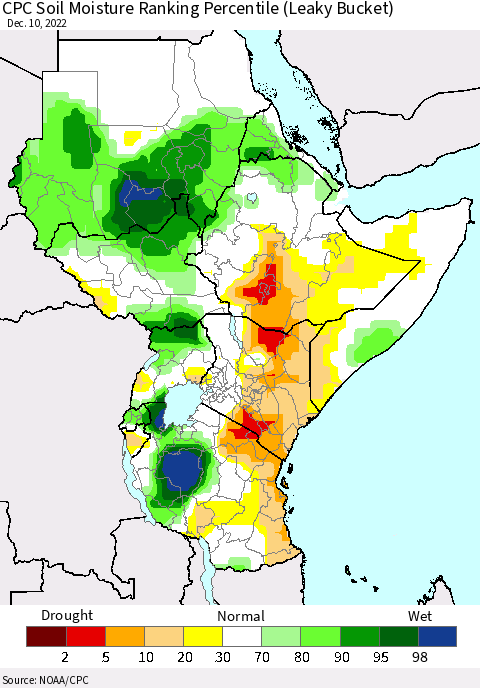 Eastern Africa CPC Soil Moisture Ranking Percentile (Leaky Bucket) Thematic Map For 12/6/2022 - 12/10/2022