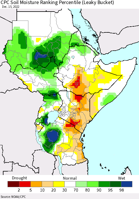 Eastern Africa CPC Soil Moisture Ranking Percentile (Leaky Bucket) Thematic Map For 12/11/2022 - 12/15/2022